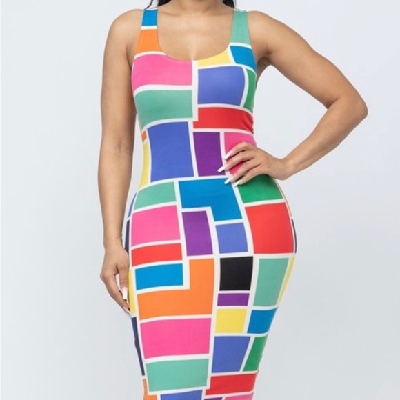 TANK TOP MULTI COLORFUL COLOR BLOCK FITTED BODYCON‎ MIDI DRESS - Picture 7 of 13
